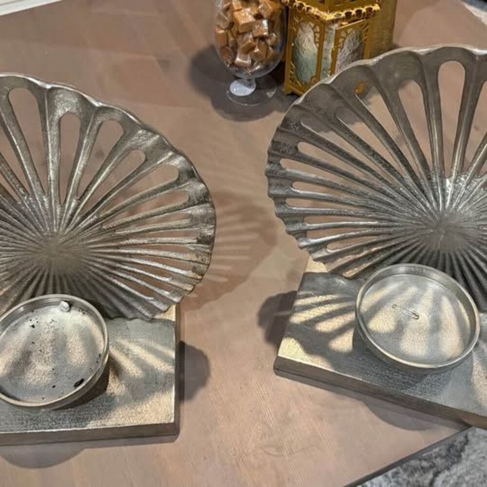 Pair of Silver Metal Fan Candle Holders
